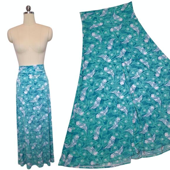 LuLaRoe Maxi Skirt Large Peacock Feather Teal Teal White Tropical Vacation Boho - Picture 1 of 10